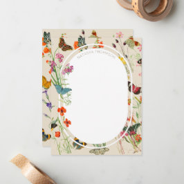 Cartão De Notas Aquarela Flores e Borboletas Jardim Floral