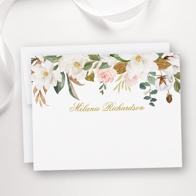 Cartão De Notas Aquarela Magnolia Rosa Floral Personalizada Dourad (Customize to change text size, color, style or to add more text to front or back of card.)