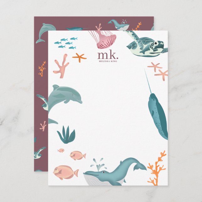 Cartão De Notas Aquarela Oceano Oceano Monograma Blu-Rosa (Frente/Verso)