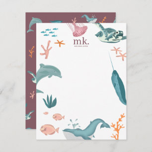 Cartão De Notas Aquarela Oceano Oceano Monograma Blu-Rosa