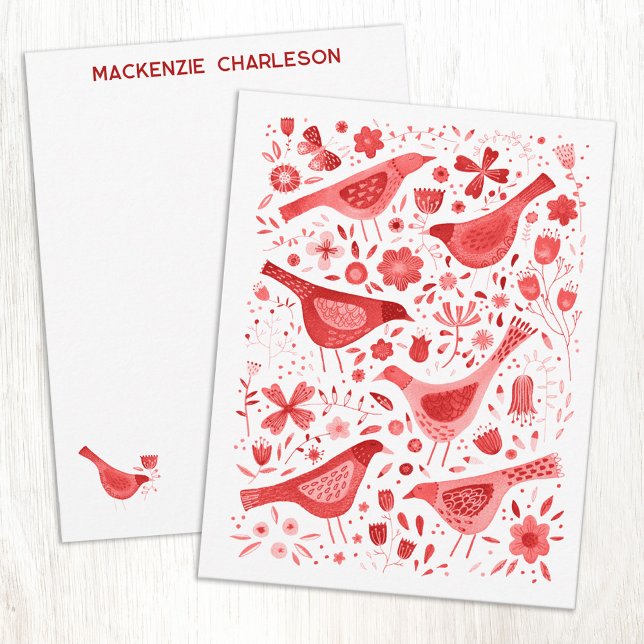 Cartão De Notas Aquarela Personalizada de Pássaro e Flor Silvestre (Red bird and wildflower botanical floral personalized custom name or text art notecards)