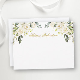 Cartão De Notas Aquarela Rosas Florais Brancas Douradas Personaliz