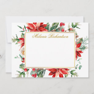 Cartão De Notas Aquarela Vermelha Poinsettia Flora Verde Dourado