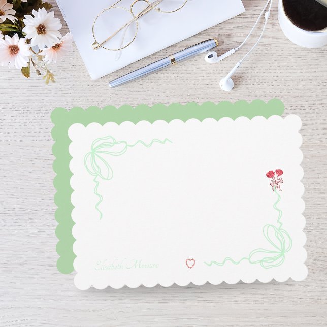 Cartão De Notas Arco Personalizado de Aquarela Verde Elegante (Personalized Elegant Green Watercolor Bow Note Card)