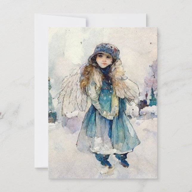 Cartão De Notas Arte Anjo de Aquarela de Inverno (Frente)