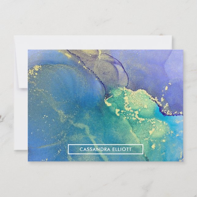 Cartão De Notas Arte com Abstrato de Álcool Azul Roxo e Dourada (Frente)