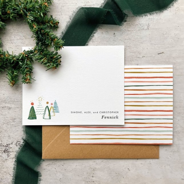 Cartão De Notas Árvore de Natal em Aquarela Moderna Orçamento Fest (Watercolor Christmas trees and striped backer personalized holiday note cards.)