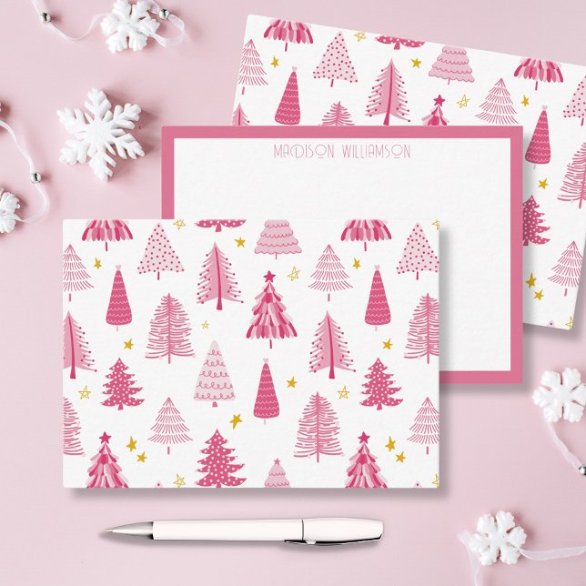 Cartão De Notas Árvore de Natal rosa (Pink personalized Christmas holiday notecards in woodland forest illustration. )