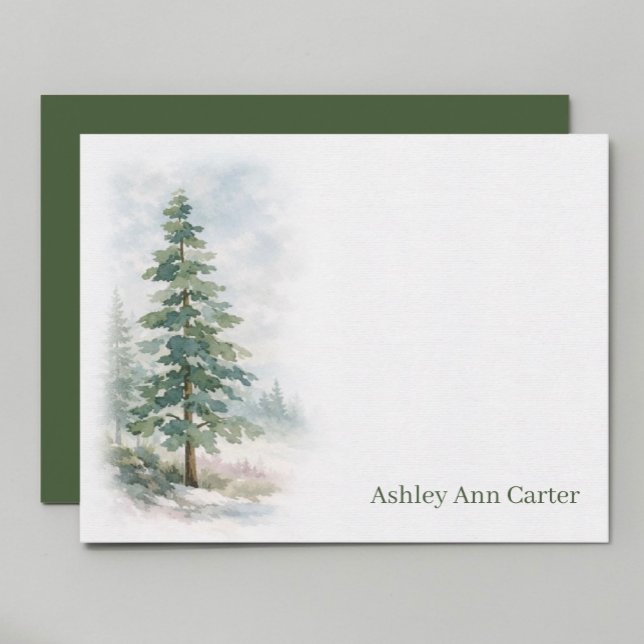 Cartão De Notas Árvore de Pinheiro Personalizada (Watercolor pine tree artwork detail on personalized flat note card—rustic woodland stationery)