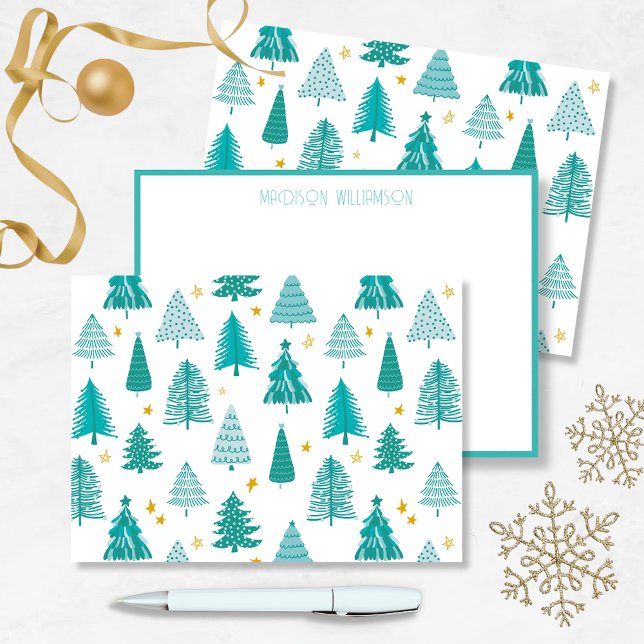 Cartão De Notas Árvore personalizada do bosque de inverno de Natal (Green winter woodland Christmas tree forest holiday notecard. Personalize with your name.)