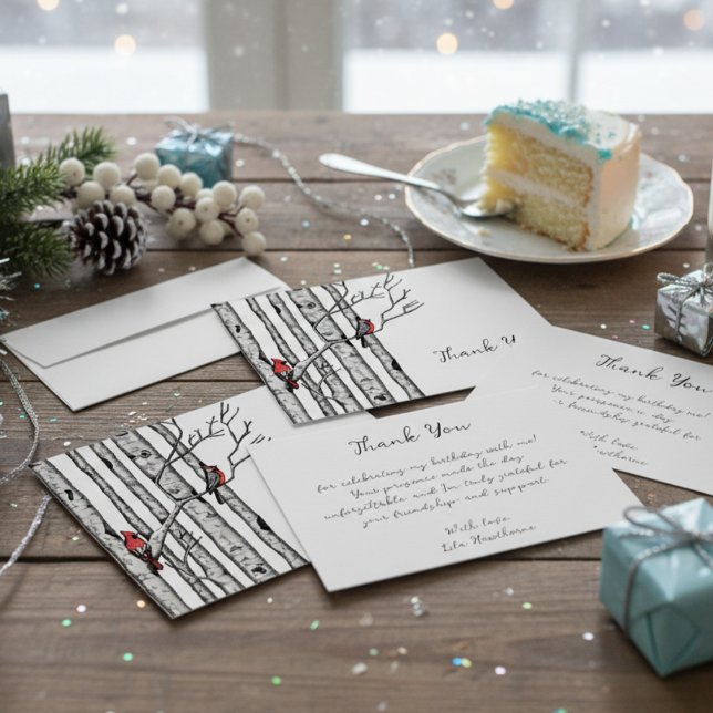 Cartão De Notas Árvores de Pássaros Modernos e Pássaros Vermelhos  (Elegant Red Cardinal Bird in Winter Birch Tree Forest Thank You Note Card for Christmas & Holidays)