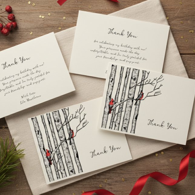 Cartão De Notas Árvores de Pássaros Modernos e Pássaros Vermelhos  (Elegant Red Cardinal Bird in Winter Birch Tree Forest Thank You Note Card for Christmas & Holidays)