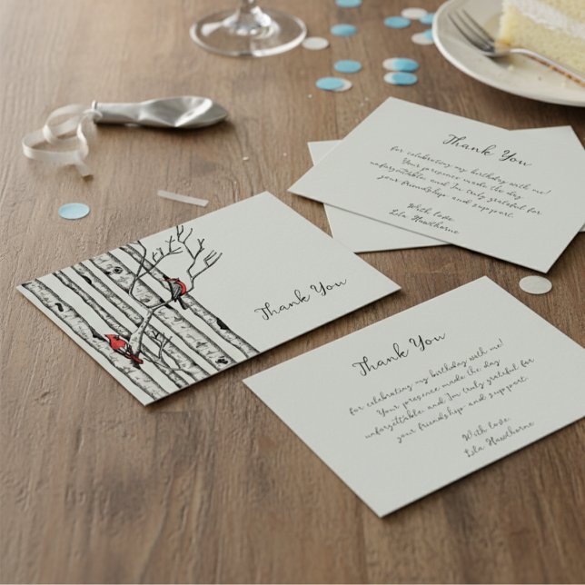 Cartão De Notas Árvores de Pássaros Modernos e Pássaros Vermelhos  (Elegant Red Cardinal Bird in Winter Birch Tree Forest Thank You Note Card for Christmas & Holidays)