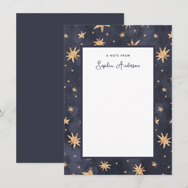 Cartão De Notas Azul Celestial com Estrelas Douradas Faux (Frente/Verso)