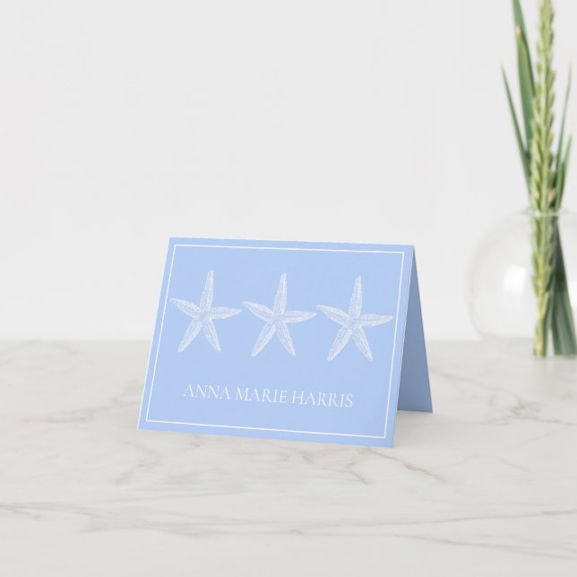 Cartão De Notas Azul costeiro e Starfish branco personalizado (Frente)