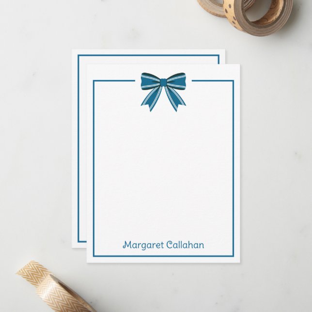 Cartão De Notas Azul e Branco Préppy com Laço Personalizado (Frente/Verso In Situ)
