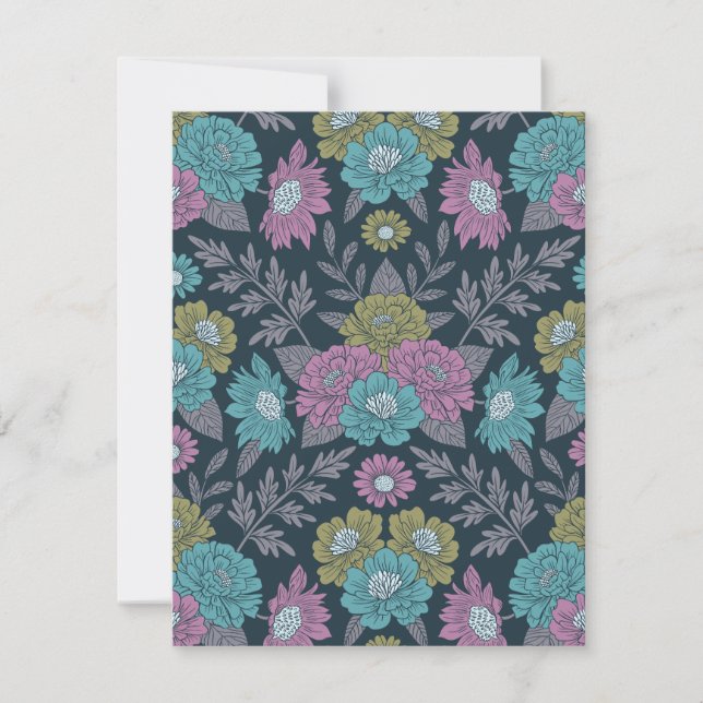 Cartão De Notas Azul Escuro, Verde e Floral Púrpura (Frente)