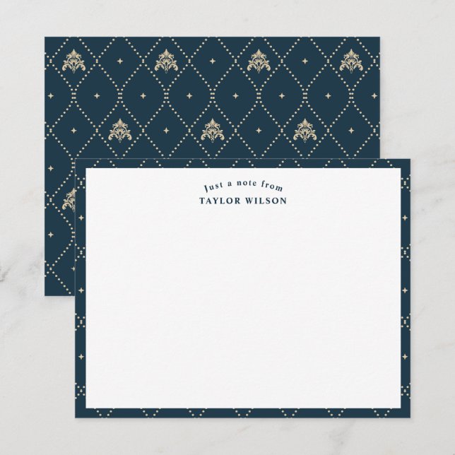 Cartão De Notas Azul Marinho e Dourado Damask Lattice Personalizad (Frente/Verso)