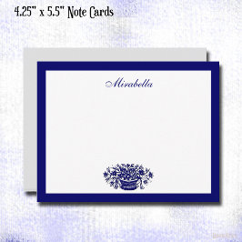 Cartão De Notas Azul Personalizado e Floral Branco Borda Azul 4.25