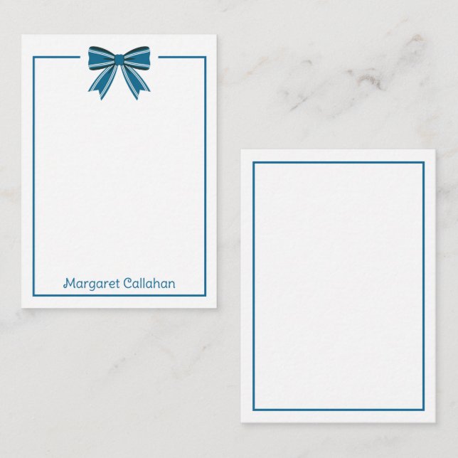 Cartão De Notas Azul Préppy e Laço Branco Personalizado (Frente/Verso)