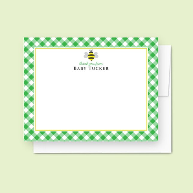 Cartão De Notas Baby Bee Preppy Gingham Chá de fraldas Obrigado (Criador carregado)