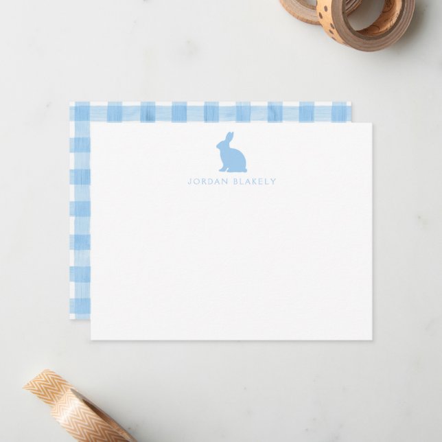 Cartão De Notas Baby Note Card, Light Blue Bunny Gingham Flat (Frente/Verso In Situ)