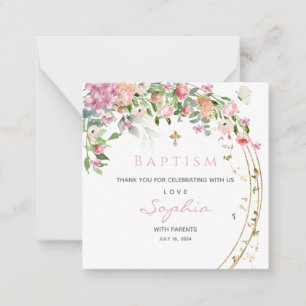 Cartão De Notas Baptism Pink Watercolor Floral Girl Obrigado
