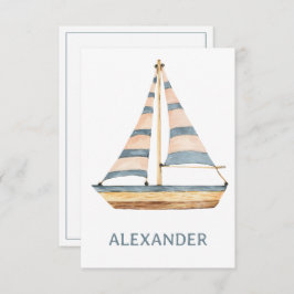 Cartão De Notas Barco à vela com listras azuis em aquarela