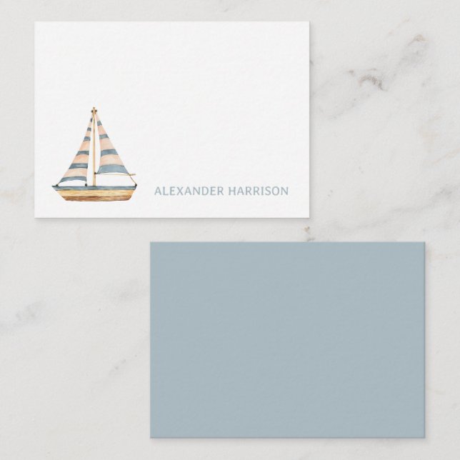 Cartão De Notas Barco à Vela Faixa Azul Aquarela (Frente/Verso)