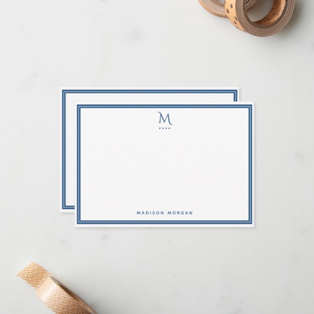 Cartão De Notas Basic Monogram Navy Blue Border Personalized  (Frente/Verso In Situ)