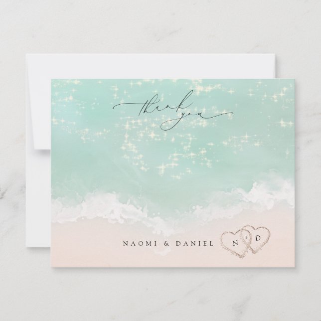 Cartão De Notas Beach Hearts Obrigado Stationery Personalizado (Frente)