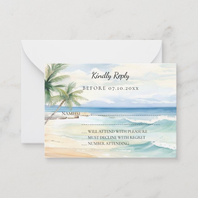 Cartão De Notas Beach tropical watercolor wedding response RSVP (Frente)