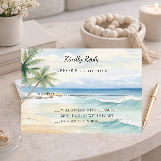 Cartão De Notas Beach tropical watercolor wedding response RSVP (Criador carregado)