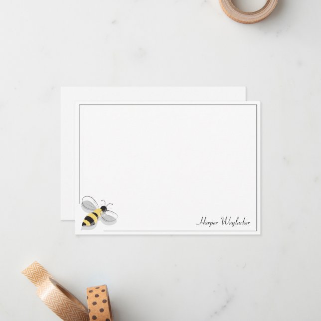 Cartão De Notas Bee Simple Border White Black Yellow Name (Frente/Verso In Situ)