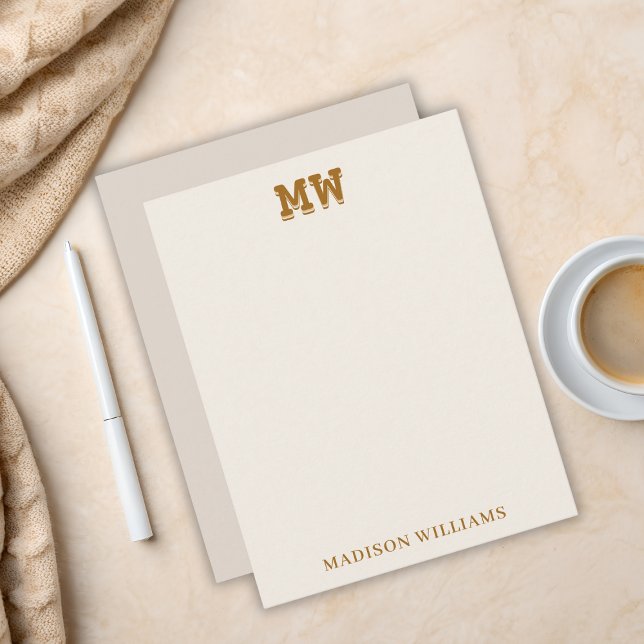 Cartão De Notas Beige and Gold Retro Typography Monogram Initial (Beige and Gold Retro Typography Monogram Initial Note Card)