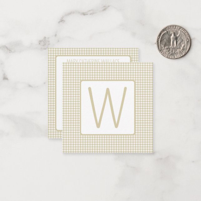 Cartão De Notas Beige and White Gingham Plaid Monogram (Frente/Verso In Situ)