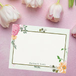 Cartão De Notas Belo Papel de carta Floral Personalizado Vintage<br><div class="desc">Flores bonito,  cor-de-rosa e laranja,  com vinhas verdes,  decoram este belo cartão de nota floral. Personalize este papel de carta de mesa para uma recepcionista antiquada ou amiga feminina que ama presentes monográficos.</div>
