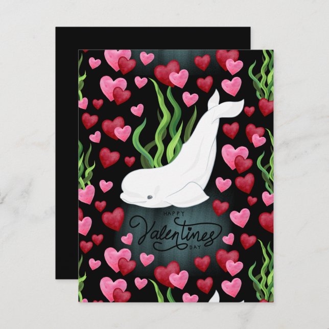 Cartão De Notas Beluga Whale Love Valentine’s Day Card in Black (Frente/Verso)