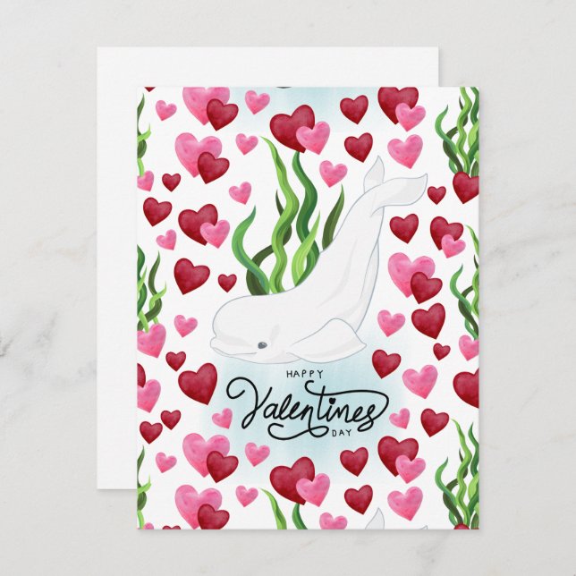 Cartão De Notas Beluga Whale Love Valentine’s Day Card in White (Frente/Verso)