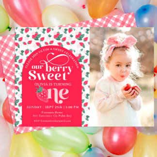 Cartão De Notas Berry First Birthday Strawberry Aniversário Convid