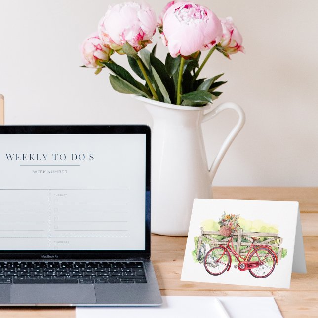 Cartão De Notas Bicicleta Vermelha com Notecard de Aquarela Flores (Criador carregado)