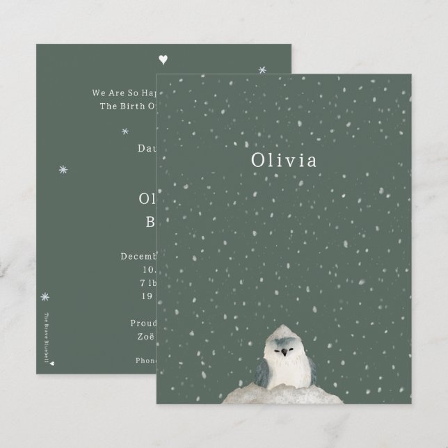 Cartão De Notas Birth Announcement Card Little Bird In The Snow (Frente/Verso)