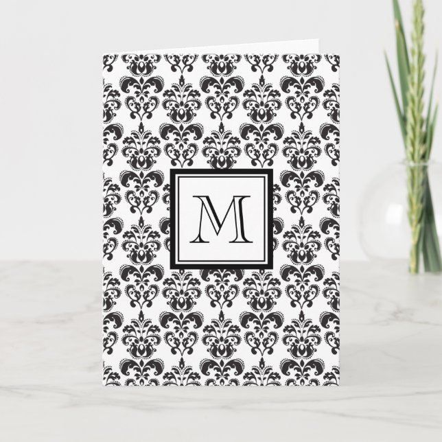 Cartão De Notas Black Damask Pattern 2 with Your Monogram (Frente)