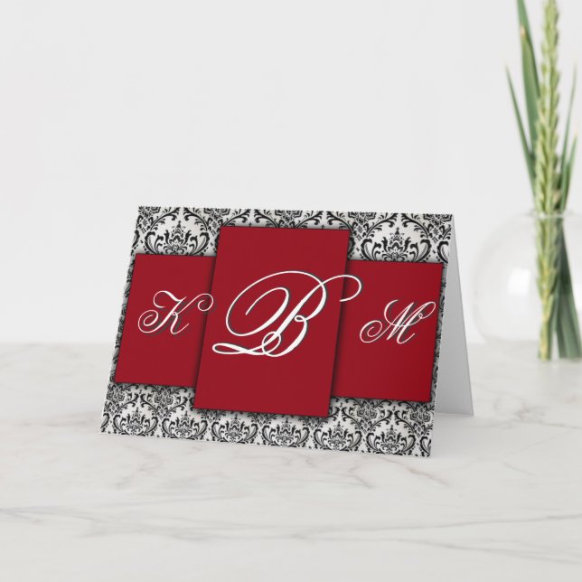 Cartão De Notas Black, red and white damask monogram (Frente)