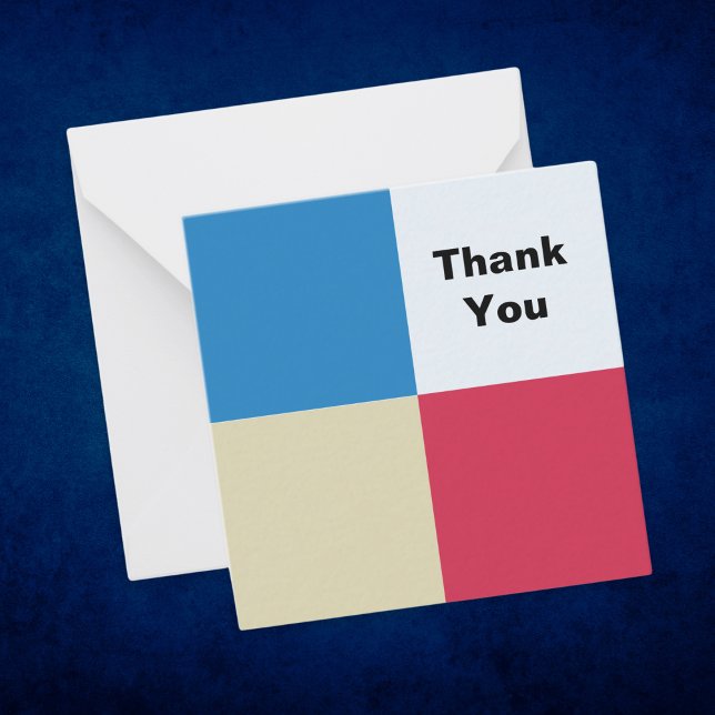 Cartão De Notas Bloco de Abstrato de Quadrados Modernos Obrigado (A modern and stylish Thank You card with color block design in blue, red, white and cream)