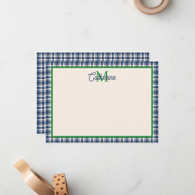 Cartão De Notas Blue and Green Gingham Plaid Tartan Monogram (Frente/Verso In Situ)