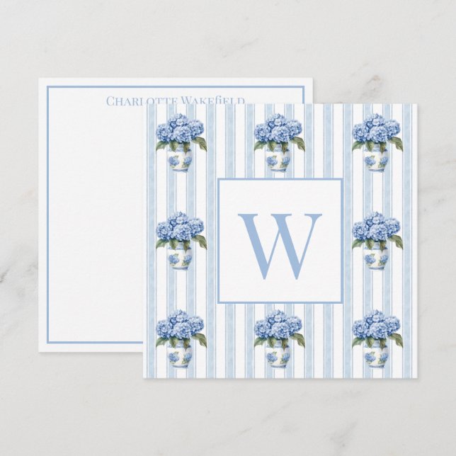 Cartão De Notas Blue and White Hydrangeas on Stripes Monogram (Frente/Verso)