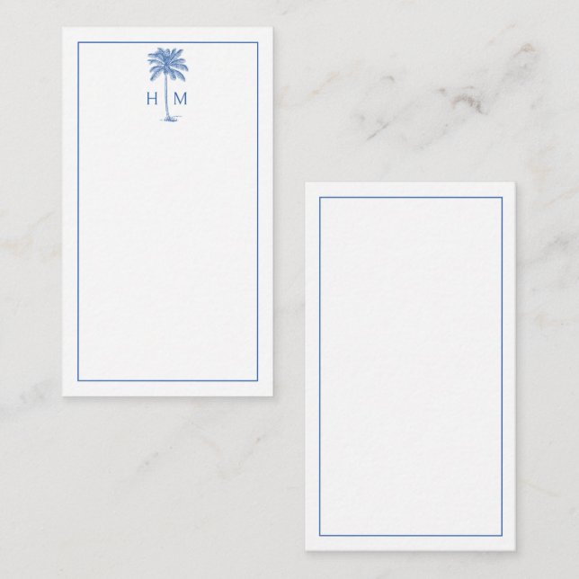 Cartão De Notas Blue and White Palm Palmetto Tree Monogram (Frente/Verso)