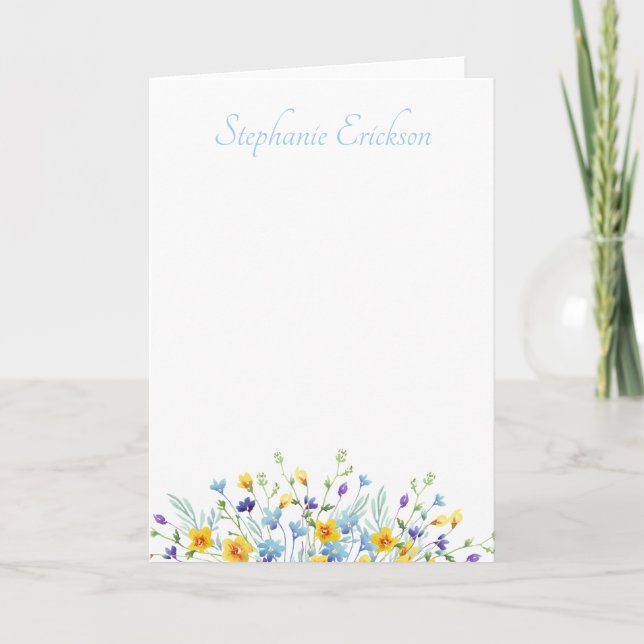 Cartão De Notas Blue and Yellow Wildflower Personalized Stationery (Frente)