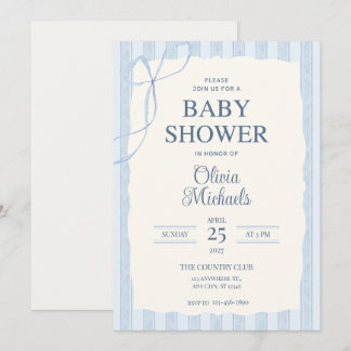 Cartão De Notas Blue Bow Minimalist Baby Shower Invitation